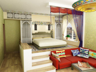 Une partie de la chambre sur le haut podium ressemble à une pièce séparée Une partie de la chambre sur le haut podium ressemble à une pièce séparée