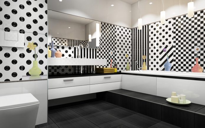 Motif à pois, rayures et damier dans la conception de carreaux de salle de bain.