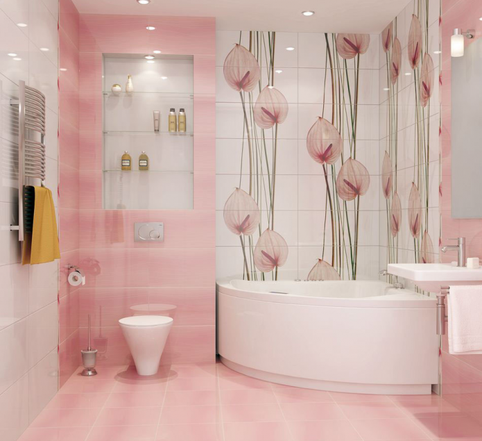 Carreaux roses et motifs floraux