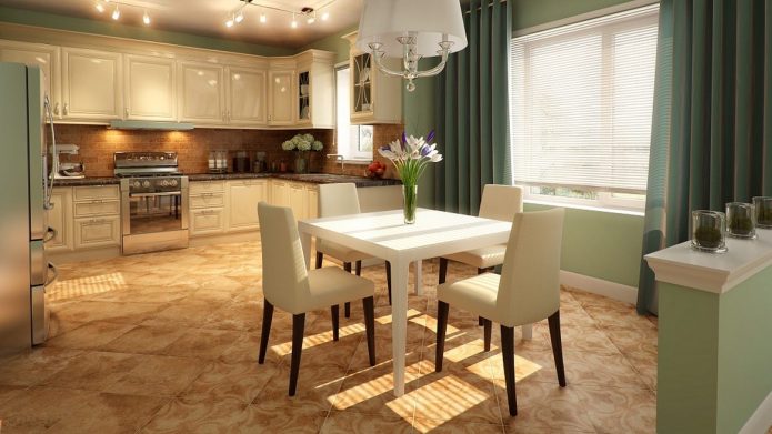 Cuisine-salle à manger avec abat-jour pistache